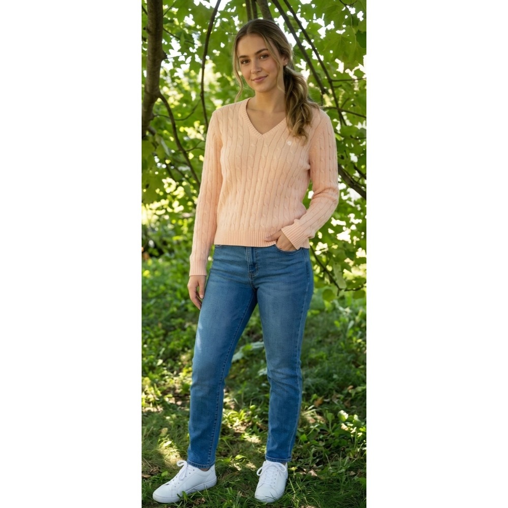 Chaps Womens Peach Pink Cable Knit V-Neck Sweater 100% Cotton XL